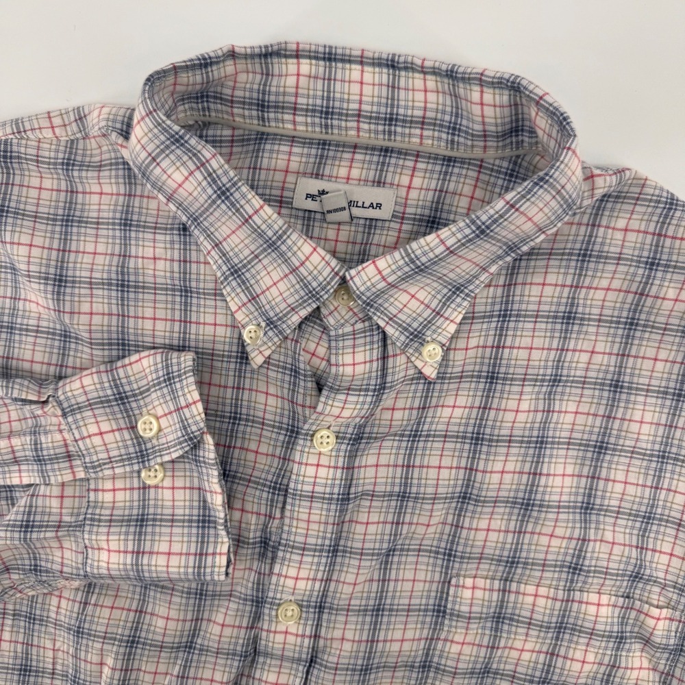 Peter Millar Button Down Shirt Mens XXL Blue Red Plaid Cotton Long‎ Sleeve 8460